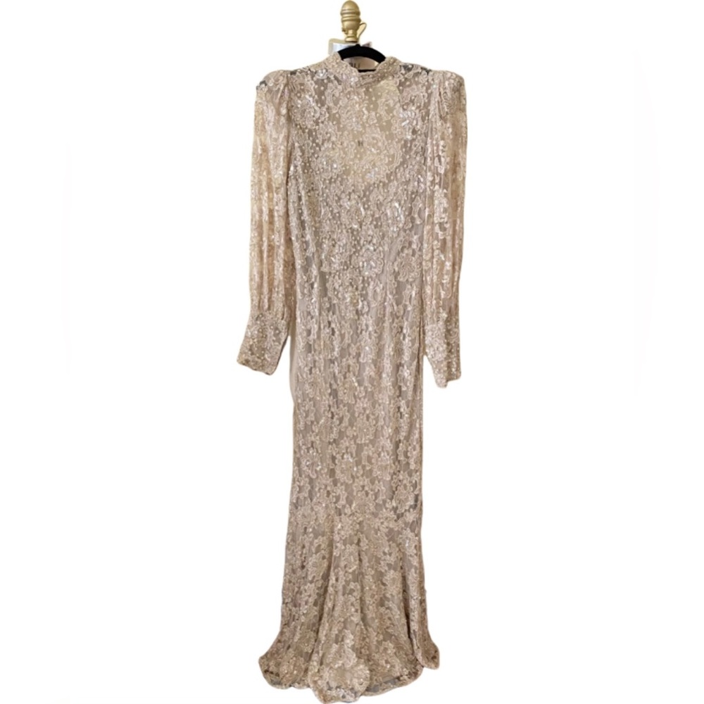 Vintage Judith Ann Creations Women Beaded Gown Wedding Dress Beige Cutout Small